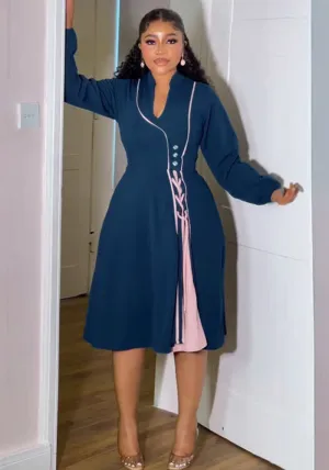 Elegant Contrast Patchwork A-Line Dress with Slim Waist Detail
