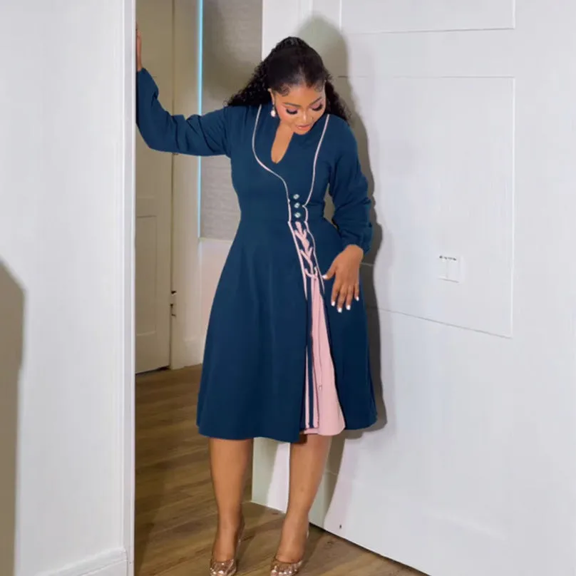 Elegant Contrast Patchwork A-Line Dress with Slim Waist Detail