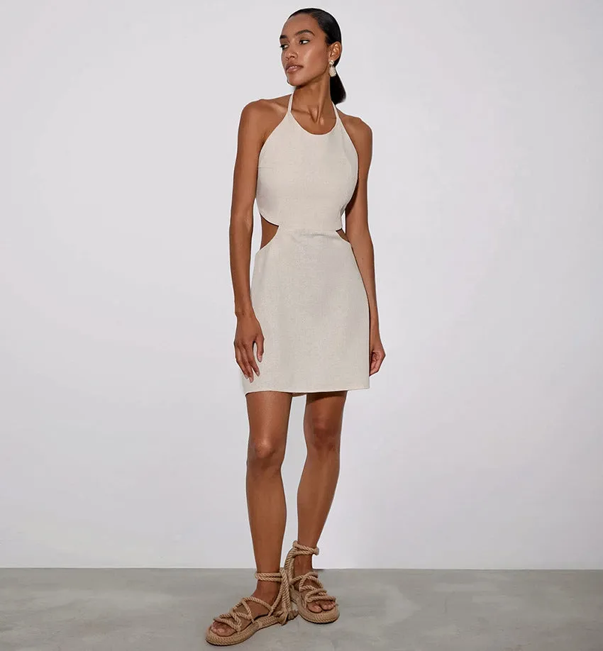 Holiday Leisure Hollow Out Halter Cotton and Linen Dress Women's Sexy Backless Khaki Color Dress  C-240507-L8