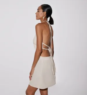 Holiday Leisure Hollow Out Halter Cotton and Linen Dress Women's Sexy Backless Khaki Color Dress  C-240507-L8