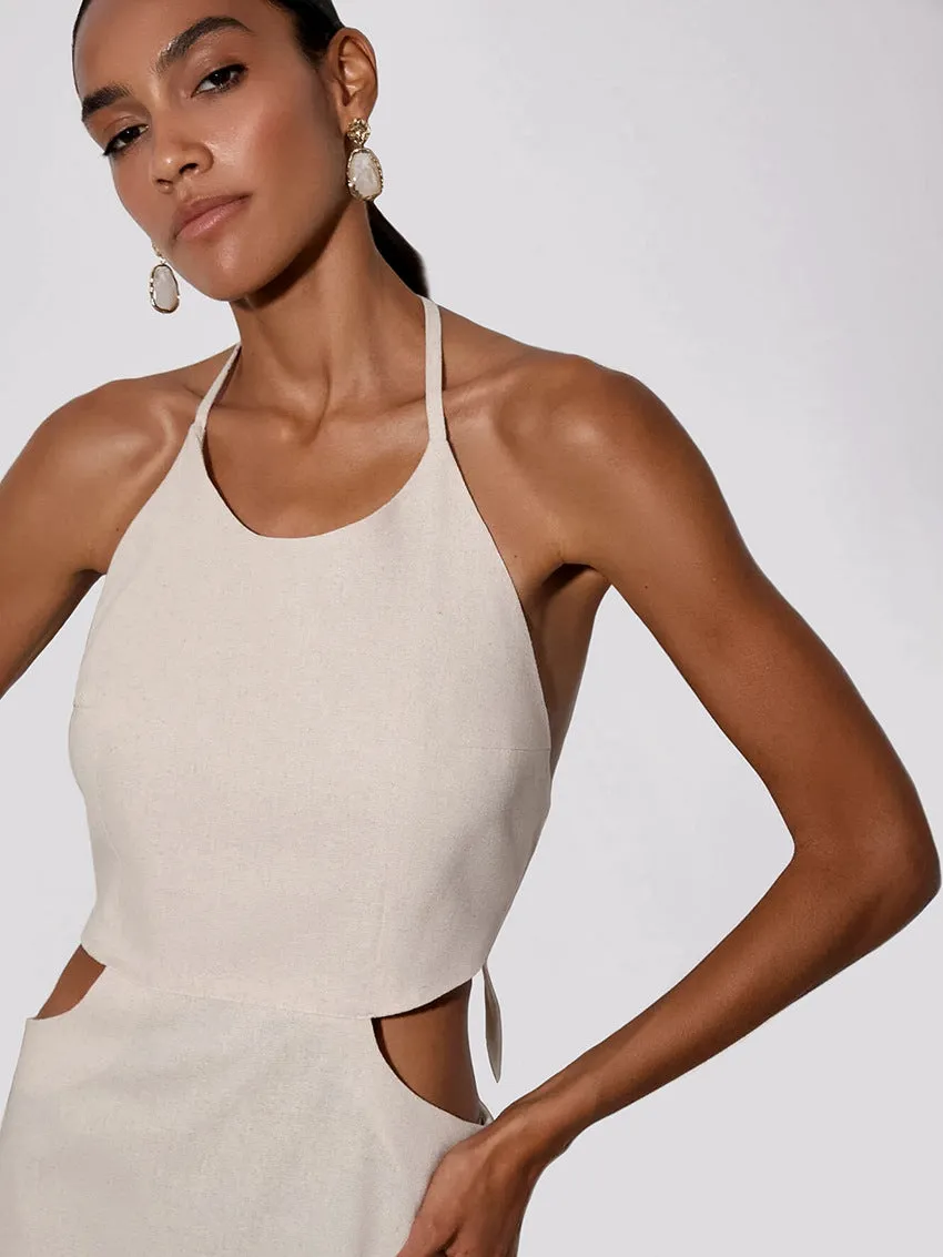 Holiday Leisure Hollow Out Halter Cotton and Linen Dress Women's Sexy Backless Khaki Color Dress  C-240507-L8