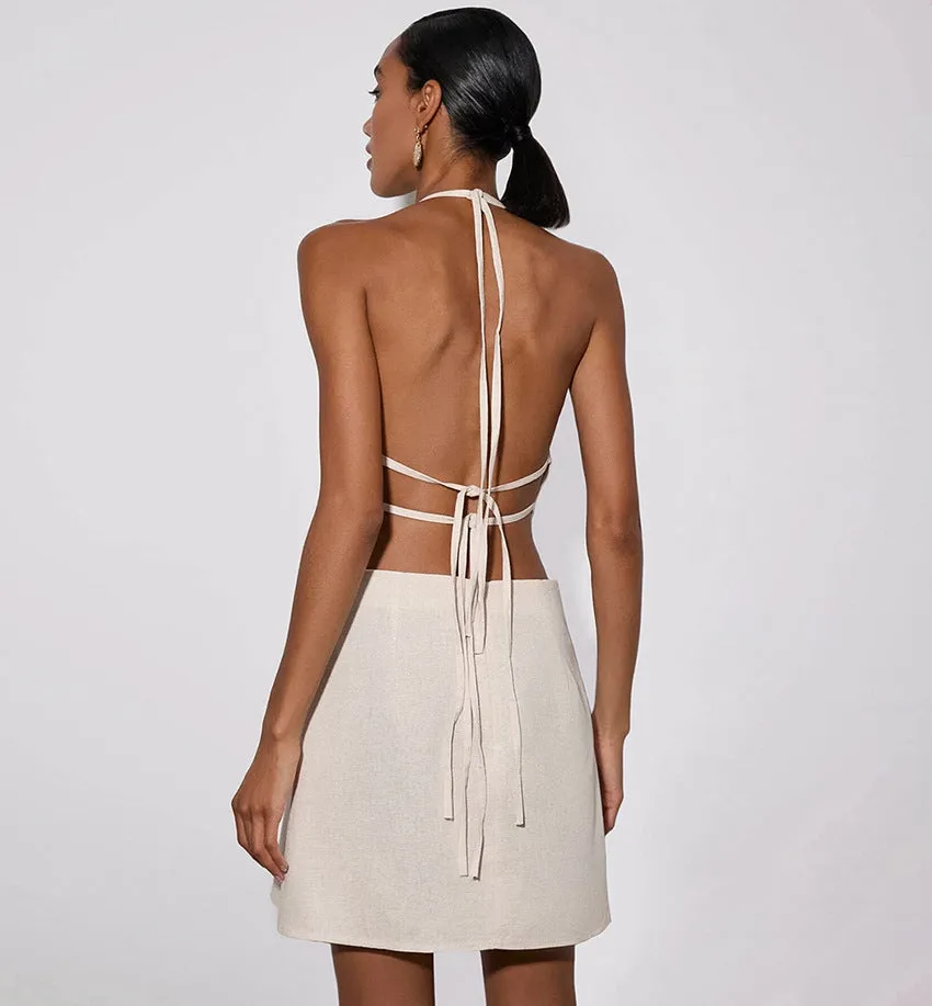Holiday Leisure Hollow Out Halter Cotton and Linen Dress Women's Sexy Backless Khaki Color Dress  C-240507-L8