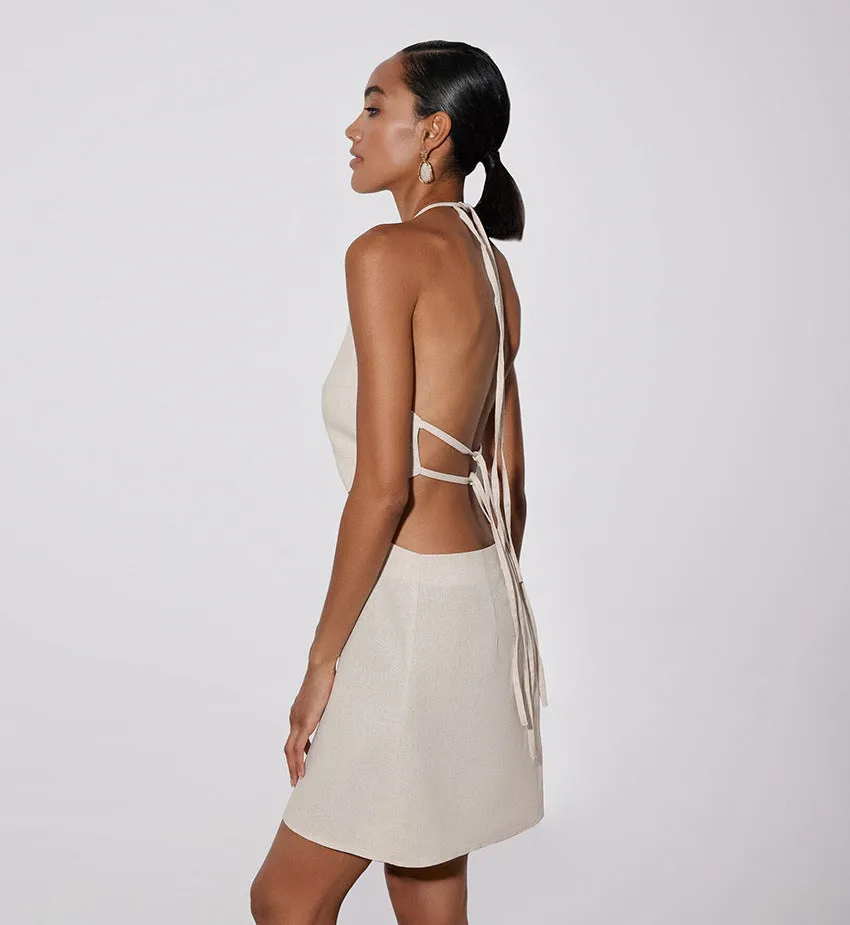 Holiday Leisure Hollow Out Halter Cotton and Linen Dress Women's Sexy Backless Khaki Color Dress  C-240507-L8