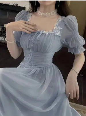 Korean Elegant Princess Midi Dress with Lantern Sleeves