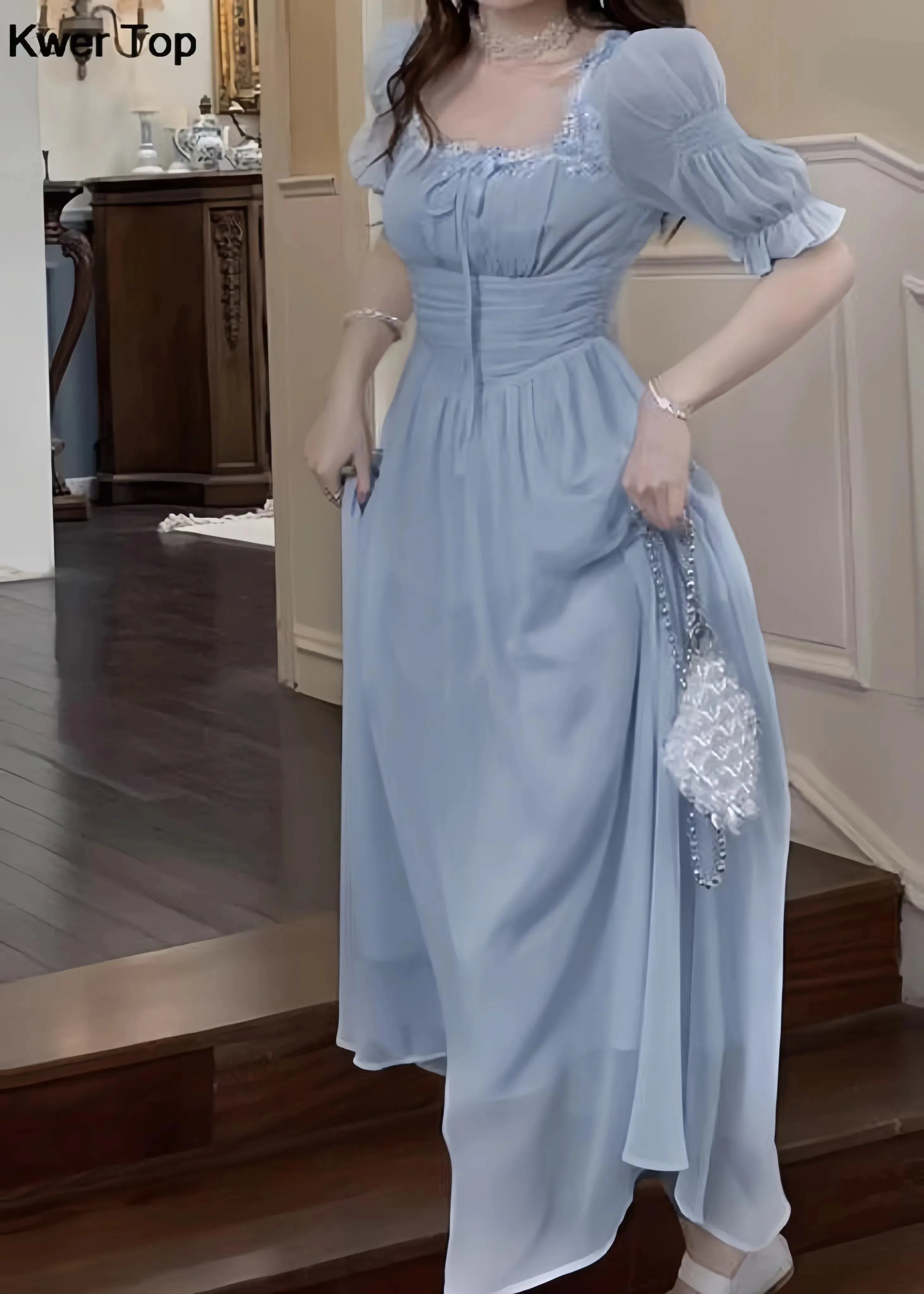 Korean Elegant Princess Midi Dress with Lantern Sleeves