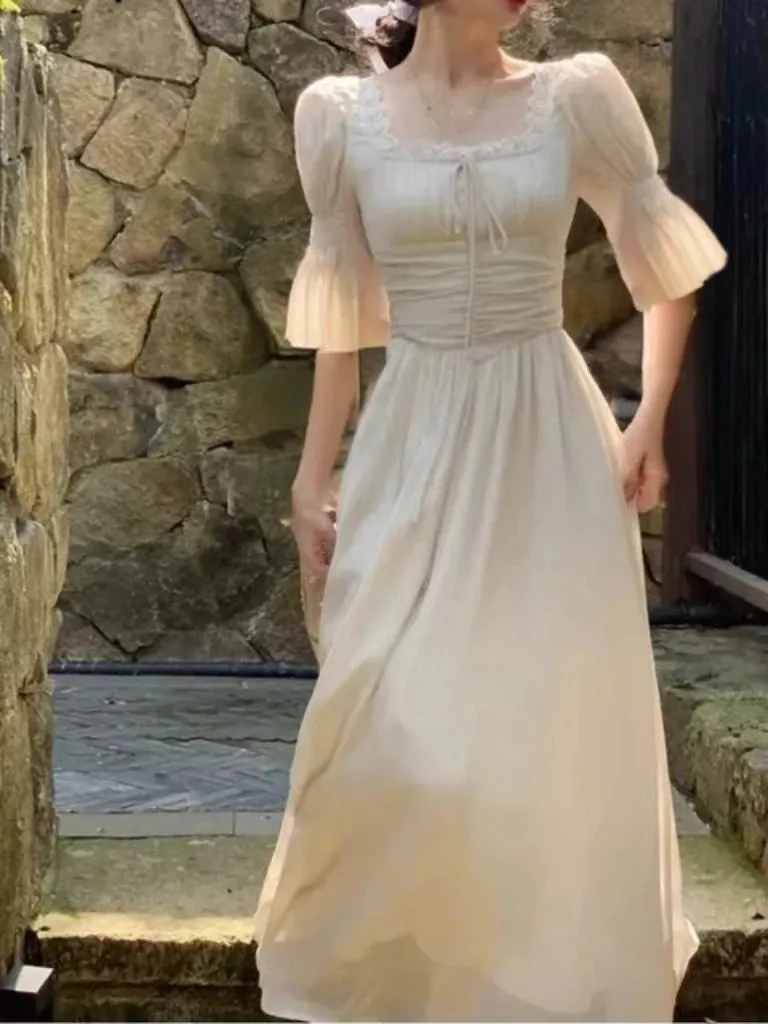 Korean Elegant Princess Midi Dress with Lantern Sleeves