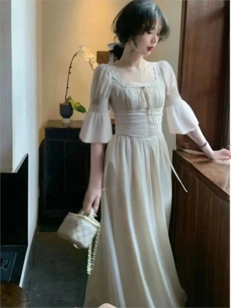 Korean Elegant Princess Midi Dress with Lantern Sleeves