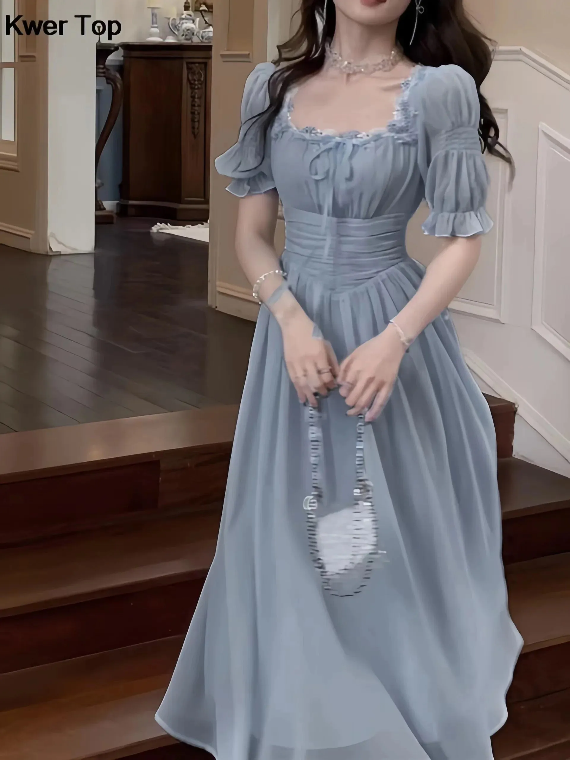 Korean Elegant Princess Midi Dress with Lantern Sleeves