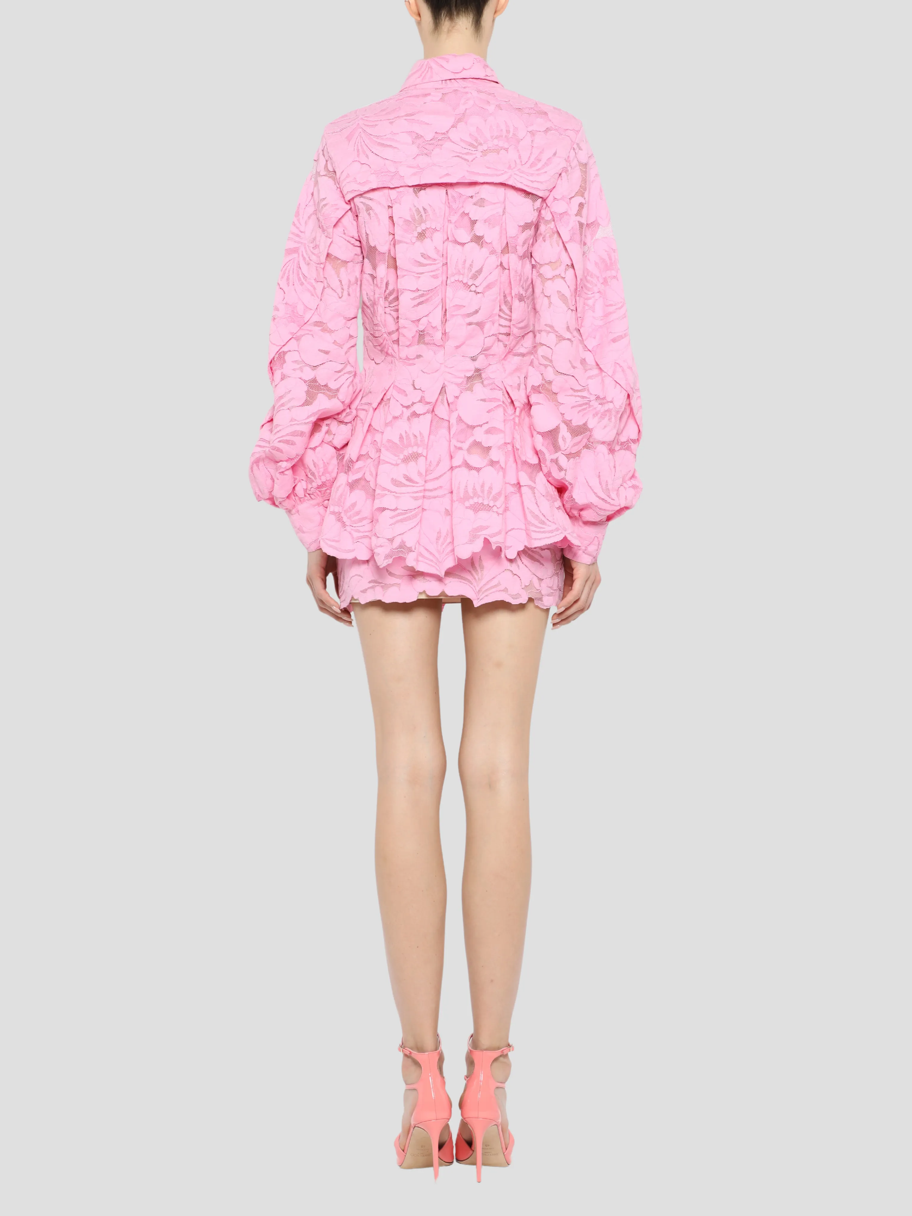 Poet Sleeve Button Down Peplum Shirt in Aurora Pink