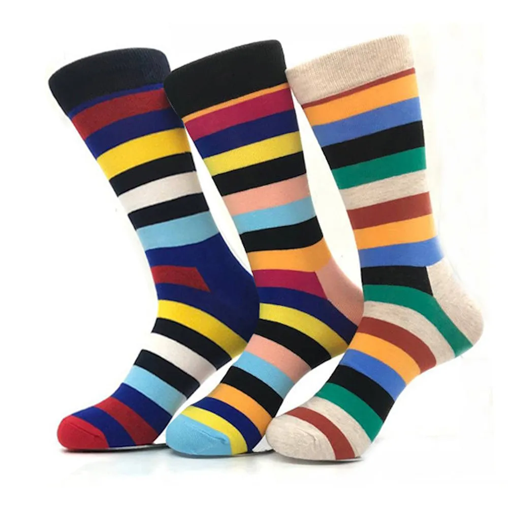 Stripes Colorful Mens Colorful Crew Socks - Premium Cotton Fun socks with Soft Elastic - 3 Pack